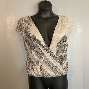 Dots gray/black paisley plunging vneck sweater blouse